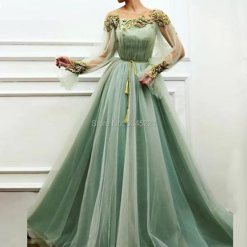 

Muslim Mint Green Long Formal Evening Dresses Robe De Soiree Islamic Saudi Arabic New Appliques Prom Dress Party 2019 Kaftans