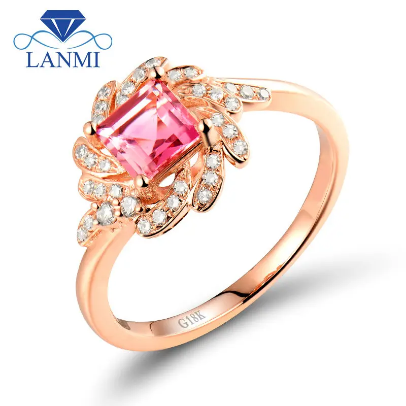 Trendy Princess Cut 5x5mm Pink Tourmaline Gemstone Ring Diamond In 18K Rose Gold For Party Fine Jewelry
