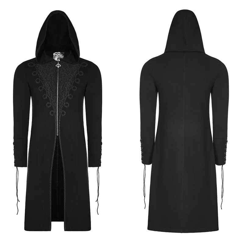 Панк рейв мужской готический черный с капюшоном длинный свитер пальто стимпанк винтажный 3D жаккардовый Тренч вечерние Клубные мужские куртки длинное пальто для мужчин