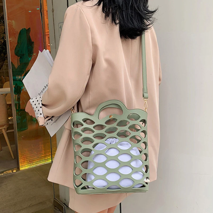 

Chic Hollow Out Bucket Bags Women Handbag Casual Beach Totes Larger Capacity Pu Basket Shoulder Bags Messenger Bag For Women