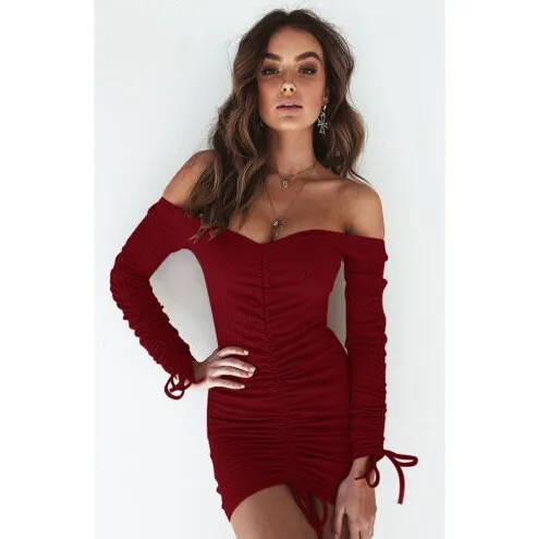 Lady Women's Clothes Dresses Bandage Bodycon Off Shoulder Long Sleeve Ruffle Solid Sexy Party Mini Dress Women Clothing