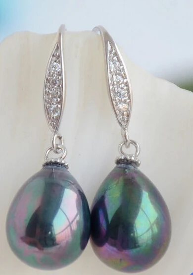 

Hot sale Free Shipping>>>>>>16MM PEACOCK BLACK TEARDROP SOUTH SEA SHELL PEARL DANGLE EARRING