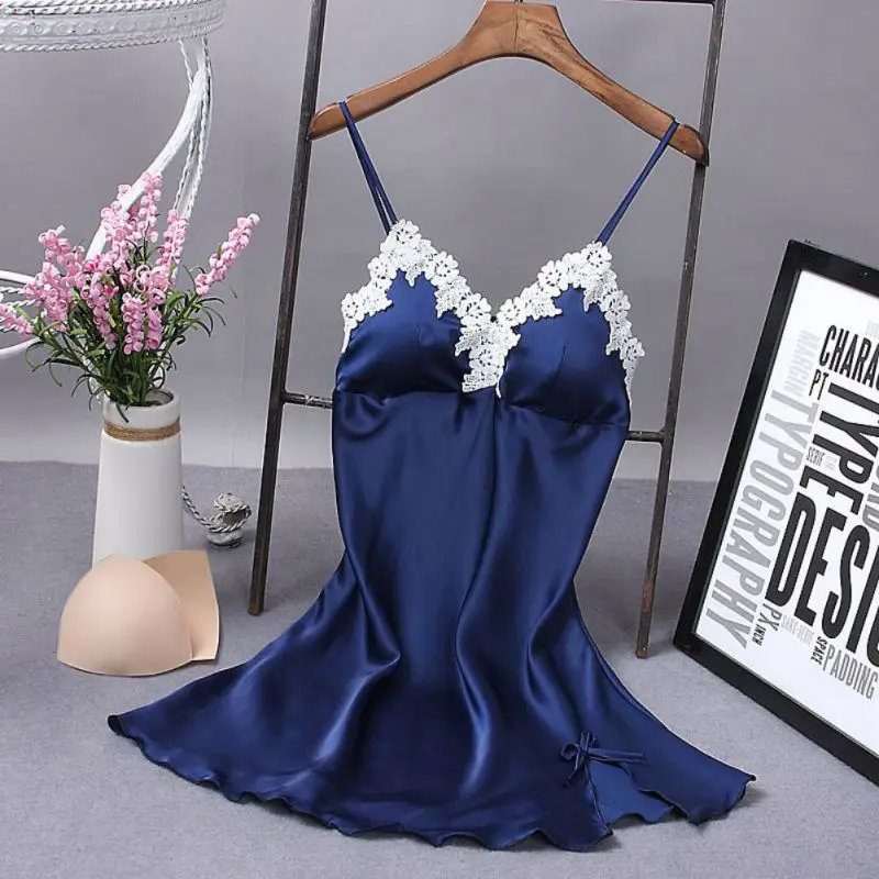 

Women Ladies Sexy Nightdress Silk V-neck Floral Sleepwear Lingerie Babydoll Nightgown Mini Sleeveless Sleepshirt With Padded Bra