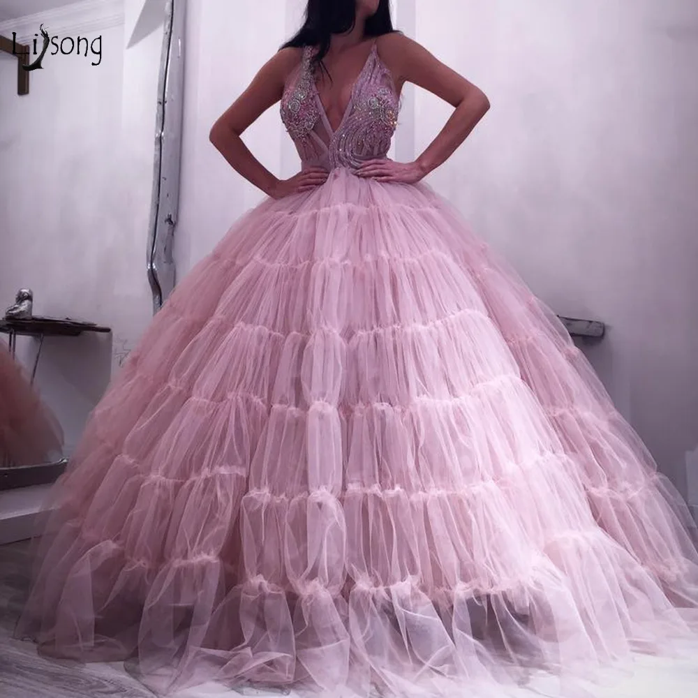 Dubai Lush Blush Pink Ruffles Prom Dresses Lace Shiny Crystal Tutu Ball ...