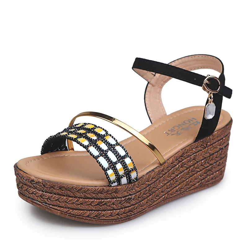 

New 2019 Summer Wedges Shoes for Women Soft Leather Comfort Fashion Sandals Ladies Party Crystal High Heels Flat Bottom Sandalia
