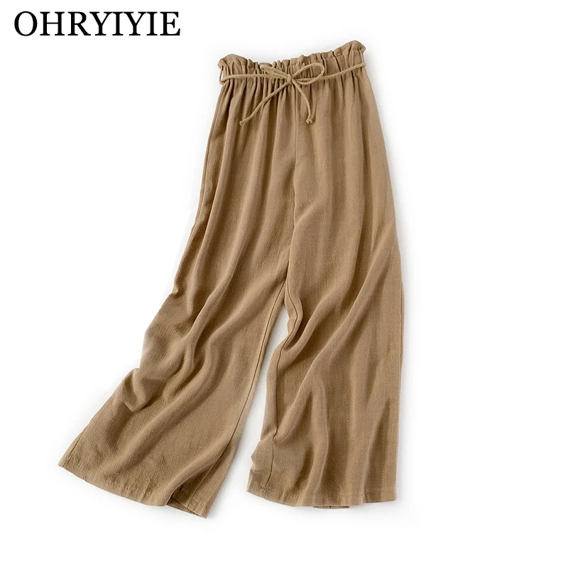 

OHRYIYIE New Arrival Flax Wide Leg Pants Women 2019 Spring Summer Casual Loose High Waist Pant Lady Ankle-Length Pants With Belt