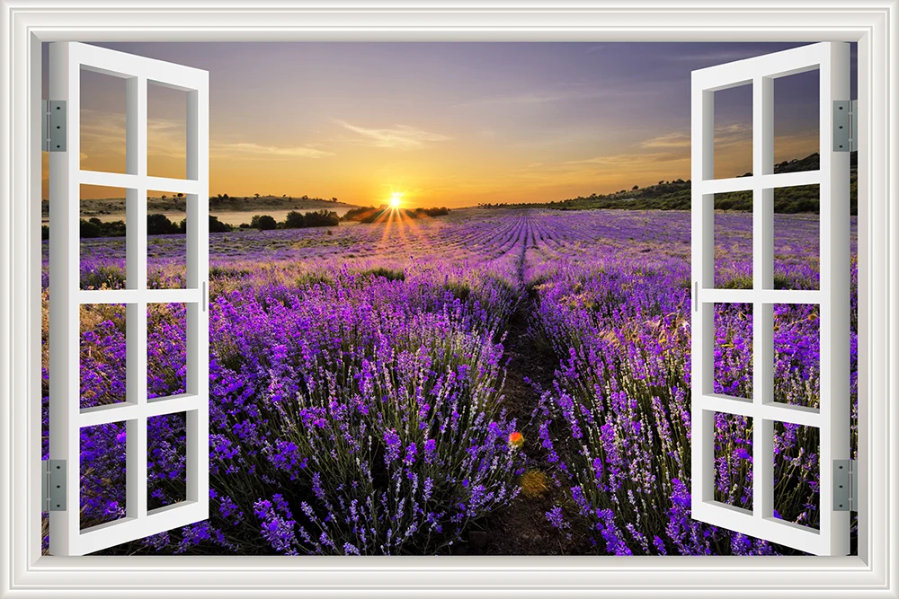 Фиолетовая Лавандовая наклейка с пейзажем, виниловые обои, 3D Наклейка на стену с видом окна, украшение для комнаты adesivo de parede - Цвет: 10
