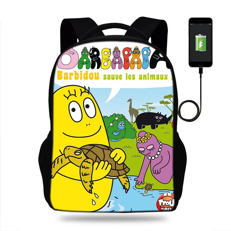 

16 Inch Anime Teenage Barbapapa Oxford USB Charging Backpack Cartoon School Bag Student Bags Double Shoulder Boy Girls Schoolbag