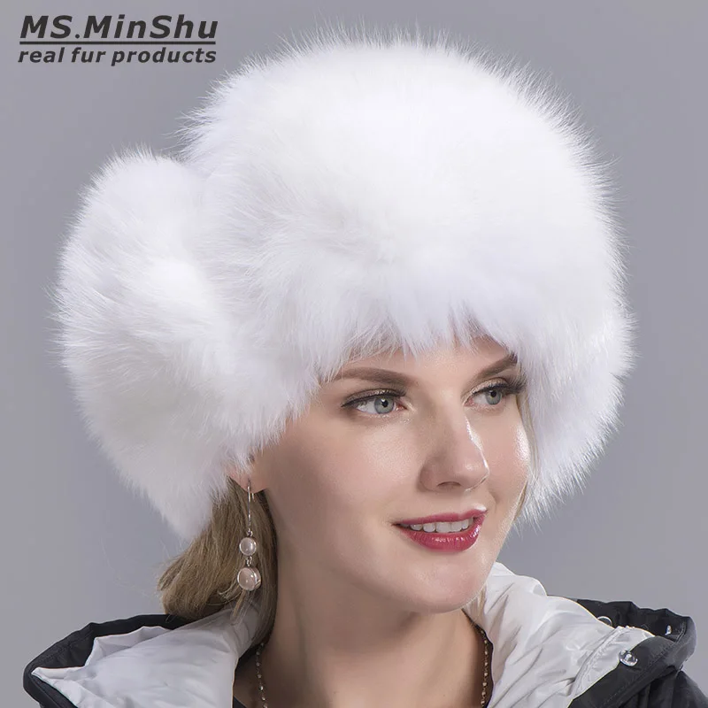Женская шапка из меха лисы Ms.MinShu натурального Лисьего с помпоном русская унисекс