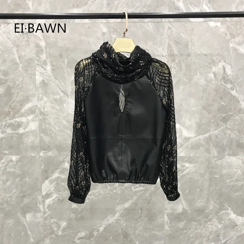 2019 Spring New Splicing Floral Chiffon Top Women's Sense of Self-cultivation Pile Collar Leather Sheepskin leather jacket