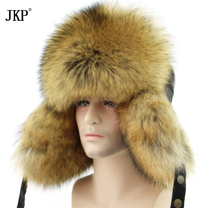 

2022 Genuine Fox Fur Men's Hats Natural Raccoon Fur Lei Feng Bomber Ushanka Real Leather Russian Winter Warm Hats