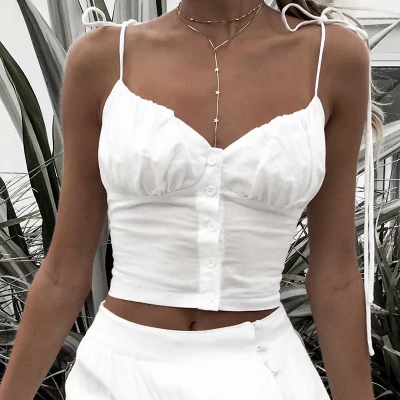 

Solid Backless Sexy Camis Top For Women Summer Lace-Up Single-Breasted Slim Spaghetti Straps Vest Casual Vintage Street Wild New
