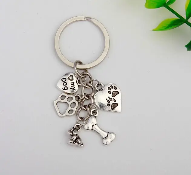 Hot 50Pcs/Lot Antique Silver Heart My Dog&ampDog Paw Print&ampBone Charm 5 Pendant Key Chain Women Men Jewelry Accessories Gifts S836 |