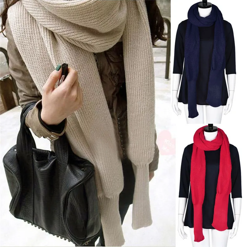  Women Winter Warm Knit Wool Scarf Long Sleeve Wrap Shawl banda handkerchief women's scarves hijab s