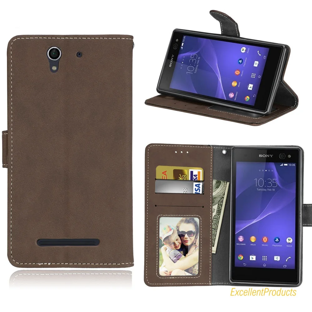 

High Quality Phone Case For Sony Xperia C3 Cover For Sony Xperia C3 Retro Scrub PU Holster Flip Wallet Leather Case