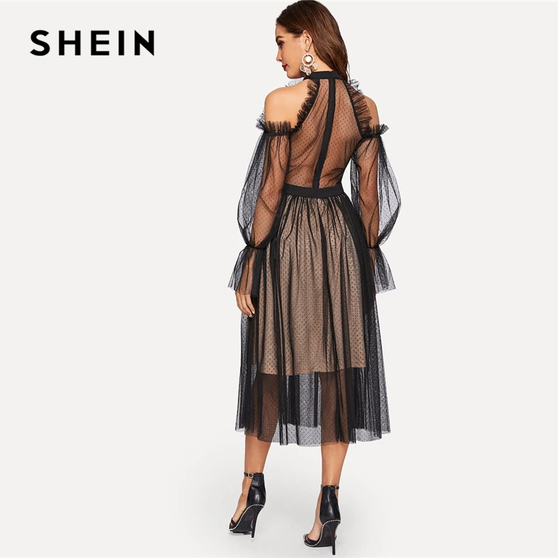 SHEIN Платье С Оборкой И Кружевом Платье С Открытым Плечом Кружевное Платье с Рюшами С Воротником-стойкой С Высокой Талией Элегантные Осенние Платья