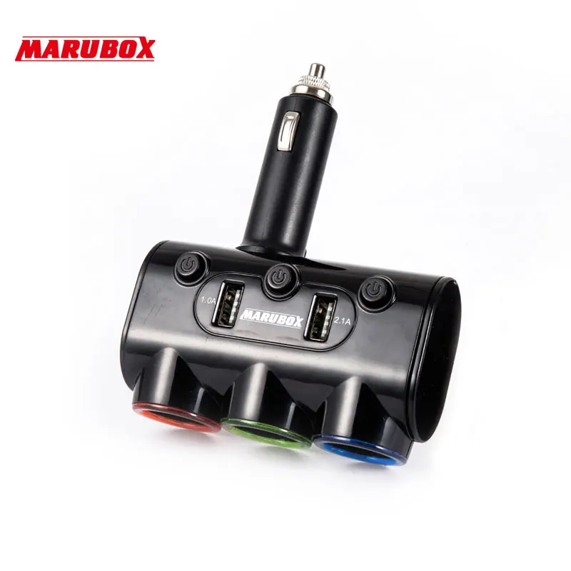 Marubox M10 Разветвитель прикуривателя 2 USB 3.1A регулировка угла наклона 3 гнезда пригуривателя мощность 120 Ват Подходит для автомобилей 12/24 В Подсветка гнезд Отдельные кнопоки вкл/выкл качественный пластик