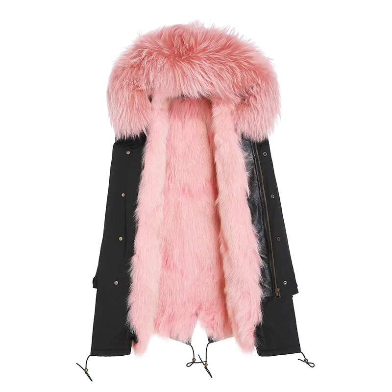 Pink Long real fox fur parka natural raccoon fur collar hood women fur parkas