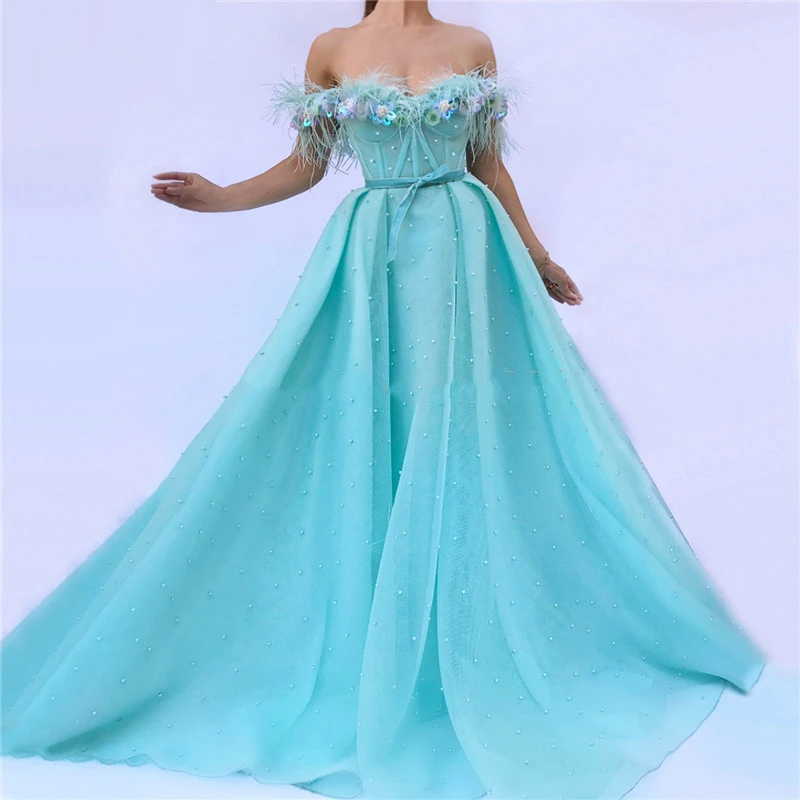 

LORIE Bule A Line Evening Dress Party Gowns With Feather Prom Dresses Plunging 3D Flowers Beading Top Evening Gowns