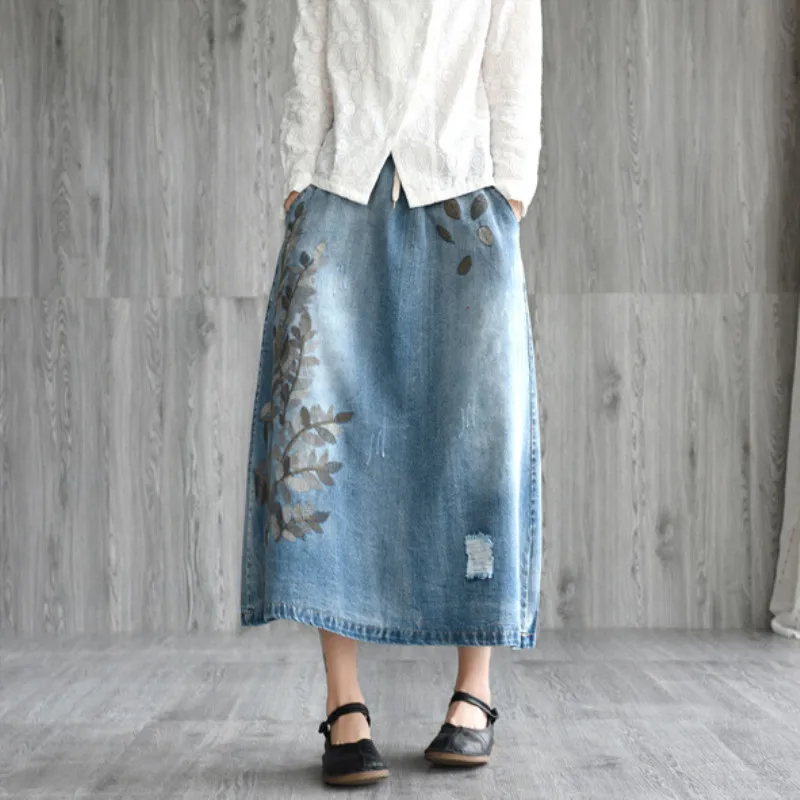 

Johnature Casual New Literary Embroidery Drawstring Denim Skirt 2019 Spring Summer Loose Wild a-line Long Female Skirt