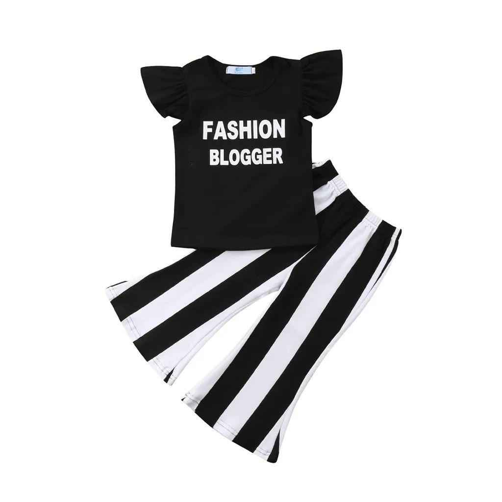 

Children baby Children clothes Set Infant Kids Outfit Kids Girls Fly Sleeve Letter T-shirt Tops+Stripe Pants Set Outfit