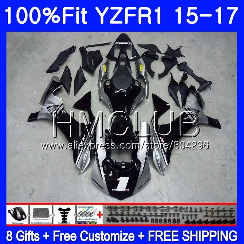 

Injection Kit For YAMAHA YZF R1 1000 YZFR1 15 16 17 113HM.0 YZF R 1 YZF-1000 YZF1000 YZF-R1 2015 2016 2017 Fairing Black silvery