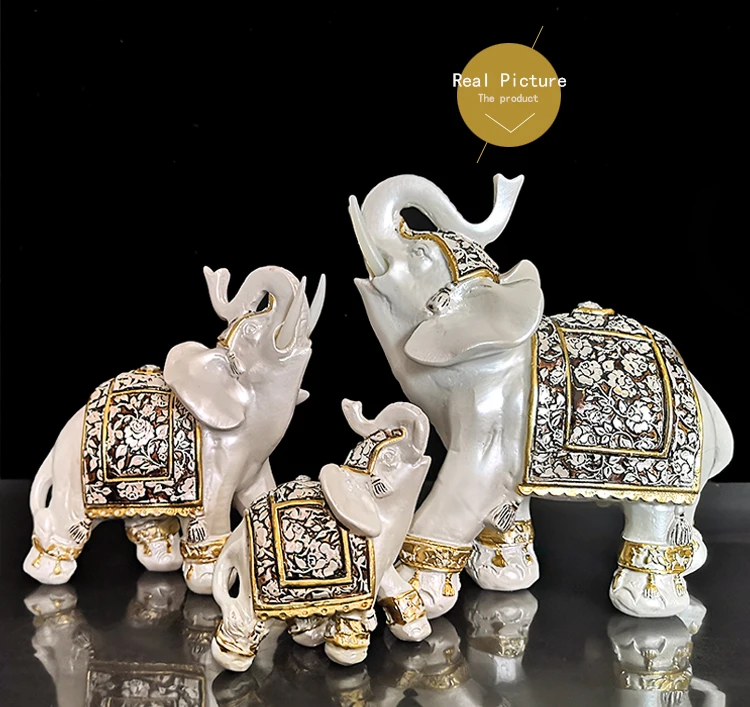 Статуя счастливого слона статуэтки слона смолы сад миниатюры Золотой фэншуй слон с хоботом украшение дома