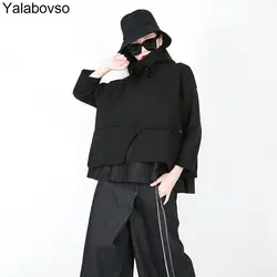 Для женщин Толстовка зима негабаритных Harajuku Стиль черный цвет поддельные 2 шт зимние толстовки с капюшоном высоким воротом костюм женский