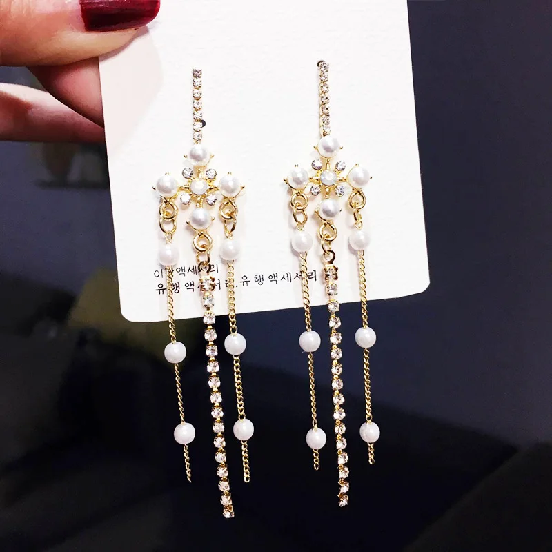 

Fashion Gold-color Simulated Pearl Pendant Long Chain Cubic Zirconia Long Earrings Bridal Wedding Pearl Jewelry Drop Earrings