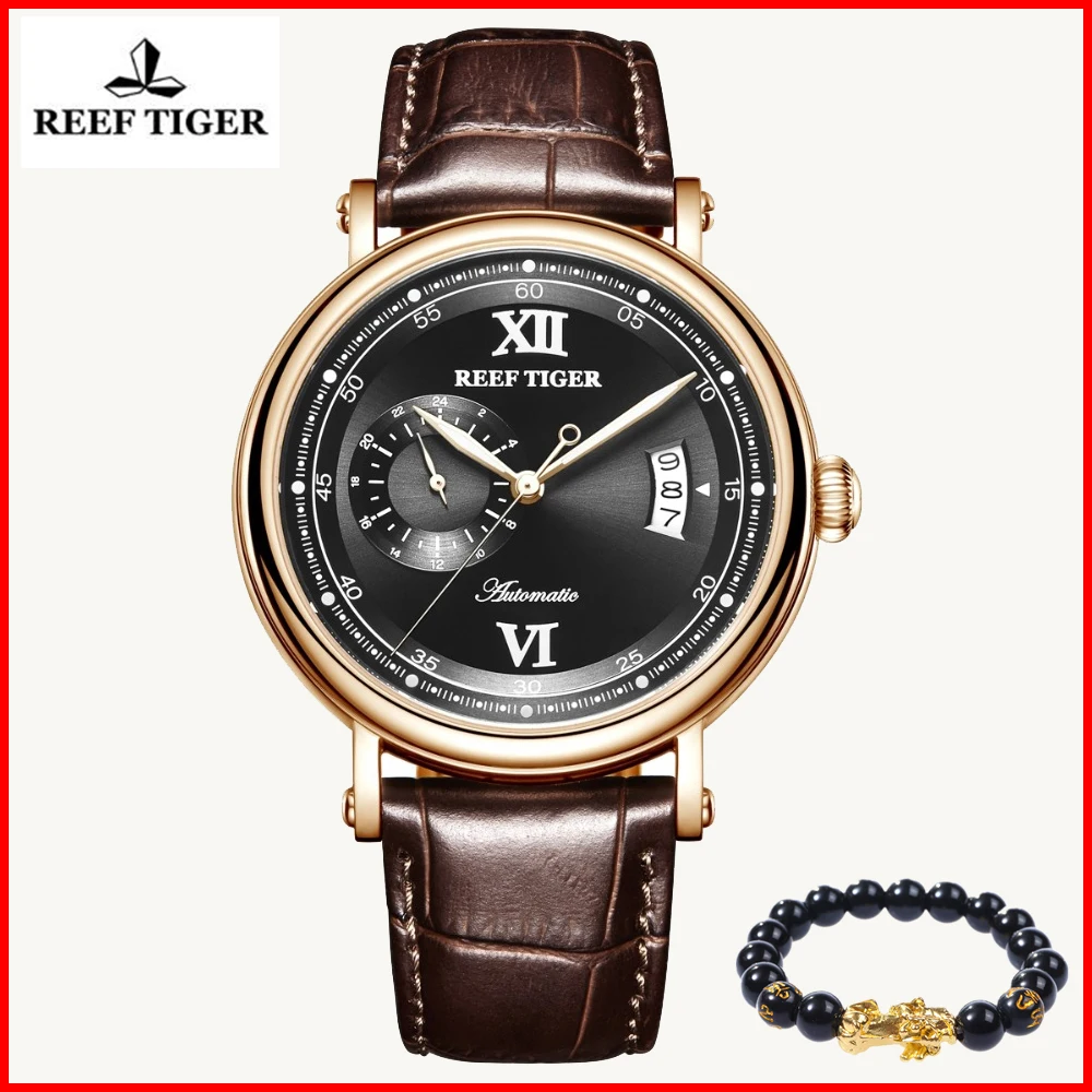 

Reef Tiger 2019 New Design Top Brand Luxury Casual Watch Mens Leather 50M Waterproof Rose Gold Automatic Watch Relogio Masculino