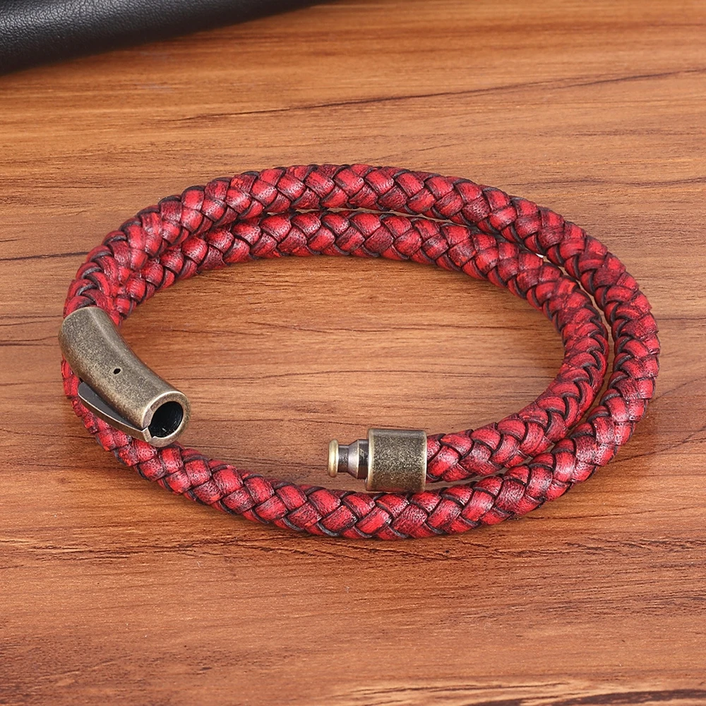Perfect Design Double Layer Vintage Steel Buckle Geometric Braid 6mm Genuine Leather Bracelet Men Women Fashion Birthday Gift