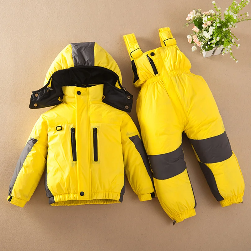 

2018 Children Kids girl boy winter detachable hooded down coat Jacket+overalls baby boy girl ski Snowsuit clothes set outwear