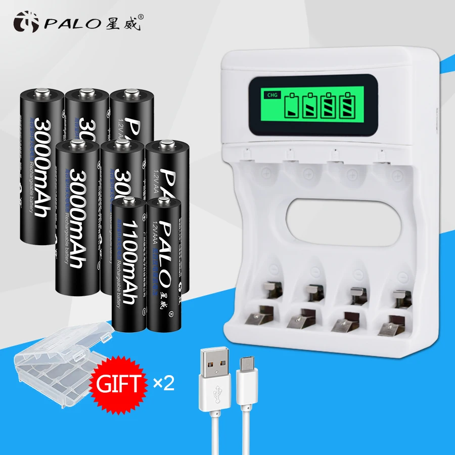 

PALO intelligent usb Battery Charger For Ni-Cd/Ni-Mh AA/AAA Rechargeable Batteries+6pcs AA Batteries+2pcs AAA Batteries