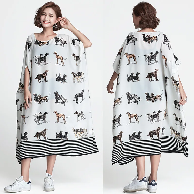 

Women Summer Plus Size Dresses Large Women Clothes 2019 Casual Fashion Loose Long Chiffon White Dog Cartoon Printing Dress