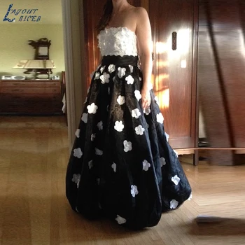 

Strapless White Floral Applique Black Pageant Prom Dresses Special Occasion Gowns Custom Made Color / Size