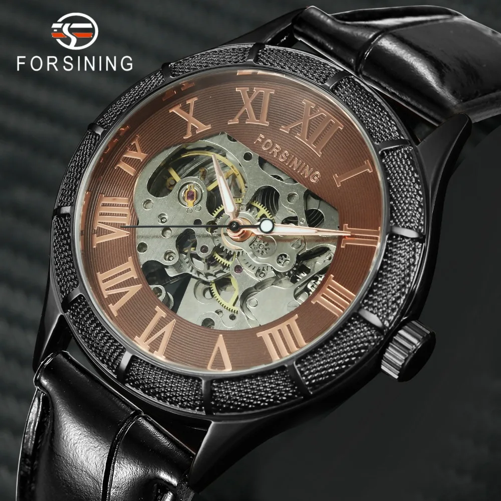 

FORSINING Fashion Vintage Automatic Mechanical Watch Men Leather Strap Skeleton Creative Design Mens Watches Top Brand Luxury