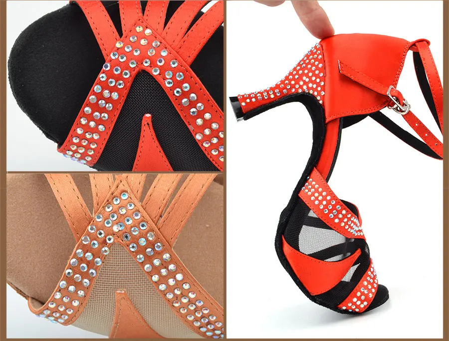 Ladingwu Бальные Танцевальные Туфли для девочек блестящие стразы латинские танцевальные туфли женские атласные красные коричневые и