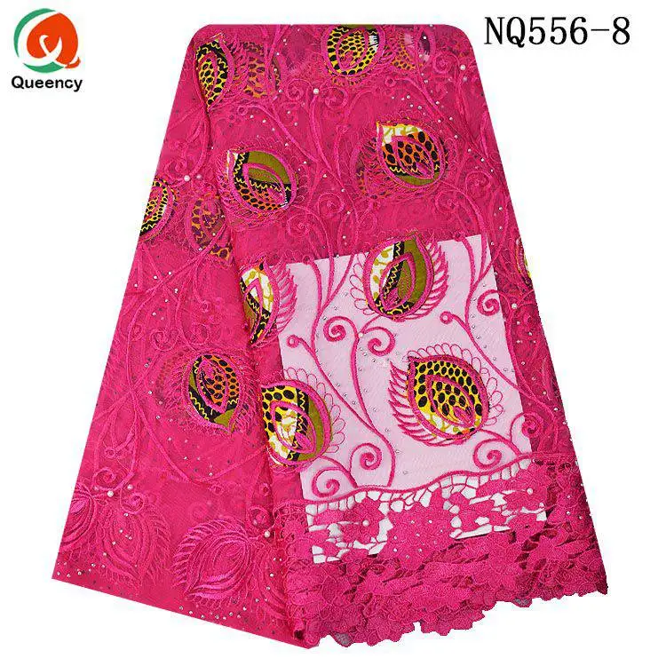 NQ556 Африканский французский кружевной тюль кружевная ткань для свадебных платьев с бисером и камнями для дам - Цвет: fushia
