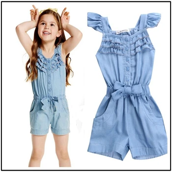 2018 Hot Solid Overalls Kids Baby  Girl Casual Clothing Denim Blue  Washed Jeans Sleeveless Bowknot jumpsuit  Clothing 3