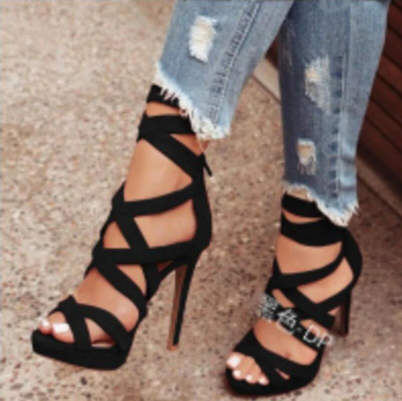 

women sexy sandals shoes woman chaussure thin high heels platform pumps peep toe cross-tied zapatos mujer ladies cut out F180576