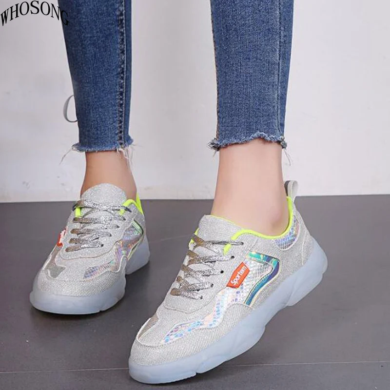 

WHOSONG Women shoes 2019 spring new women's casual shoes silver sneakers web celebrity dad shoes M140