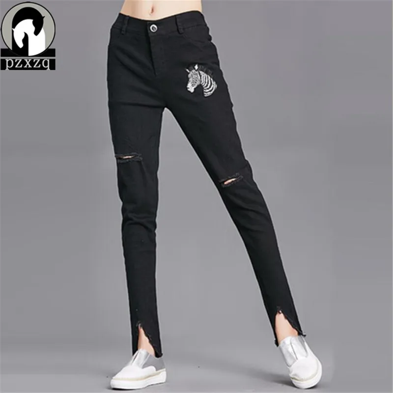 

2018 Hole Slim Jeans Women Denim Harem Pants Holes Destroyed Knee Pencil Pants Casual Trousers Black Stretch Legs Ripped Jeans