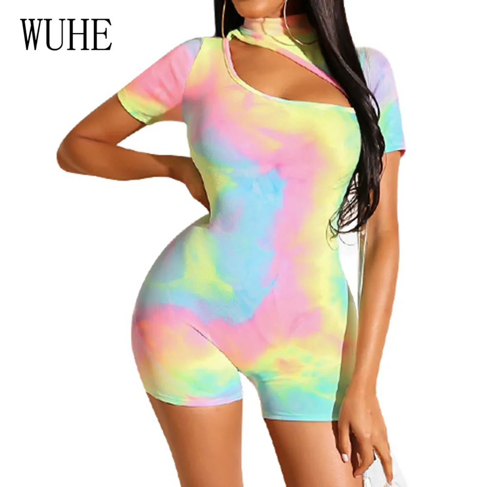 

WUHE High Neck Short Sleeve Printed Jumpsuits Summer Women Sexy Bandage Bodycon Bodysuits Femme Vintage Hollow Out Overalls