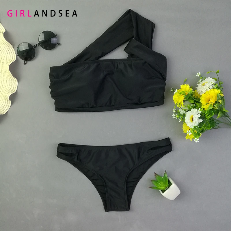 

GIRLANDSEA New 2019 Low-waisted Bikini Set Solid Swimsuit
