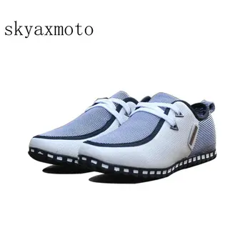 

2018 Summer Autumn Striped Men Casual Shoes Size 39-46 Lightweight Men's Doug Shoes PU Leather Lace Up Male Flats 1762