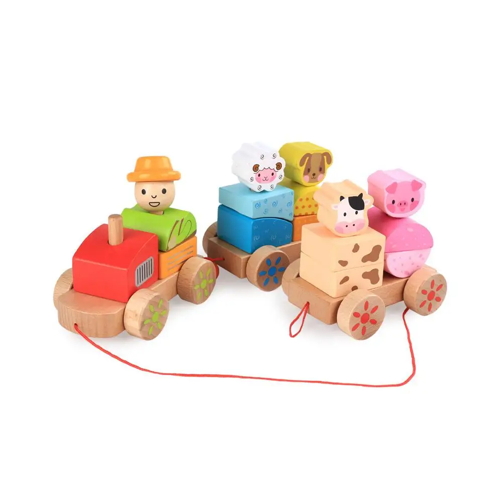 Новые детские деревянные фермы Животные укладка поезд небольшой тянуть поезда рано утром детство познавательные игрушки для малышей