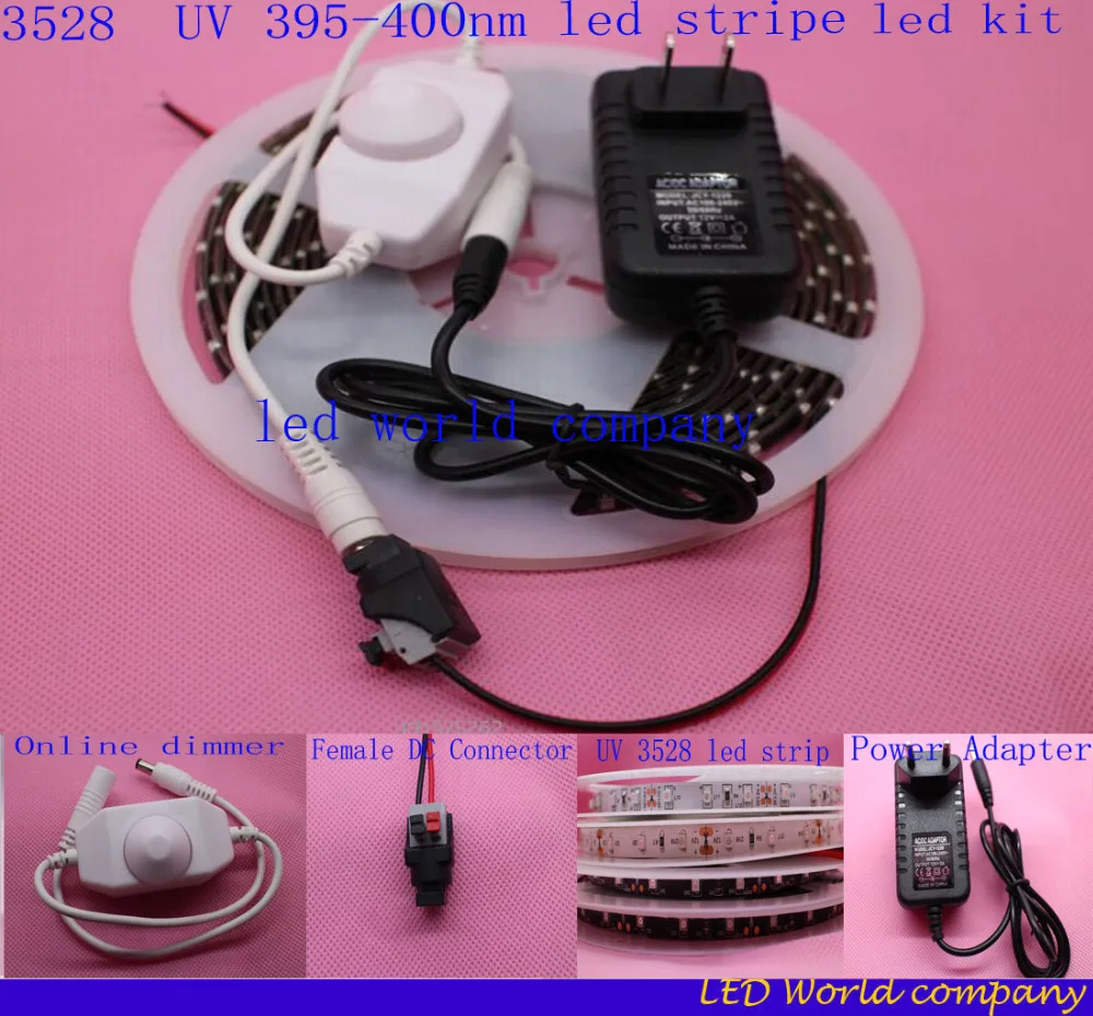 

1/5m 12V 60led/m Ultraviolet 3528 led strip Black/White PCB Waterproof in IP30/IP65 LED stripe+driver+Online dimmer kit