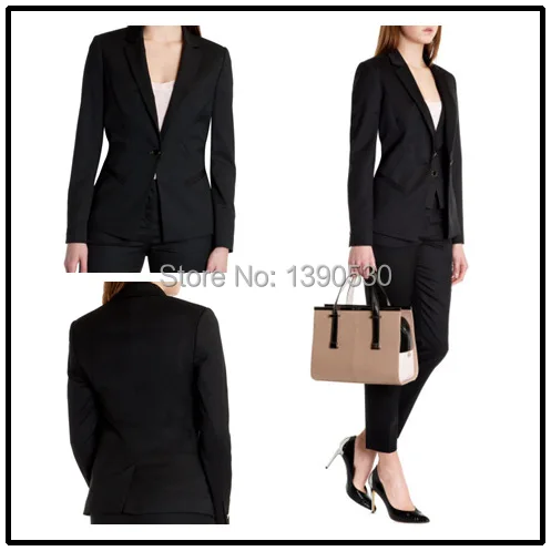

Fashion New Style custom made 100% wool solid black OL one button notch lapel women pants suit (jacket+pants)