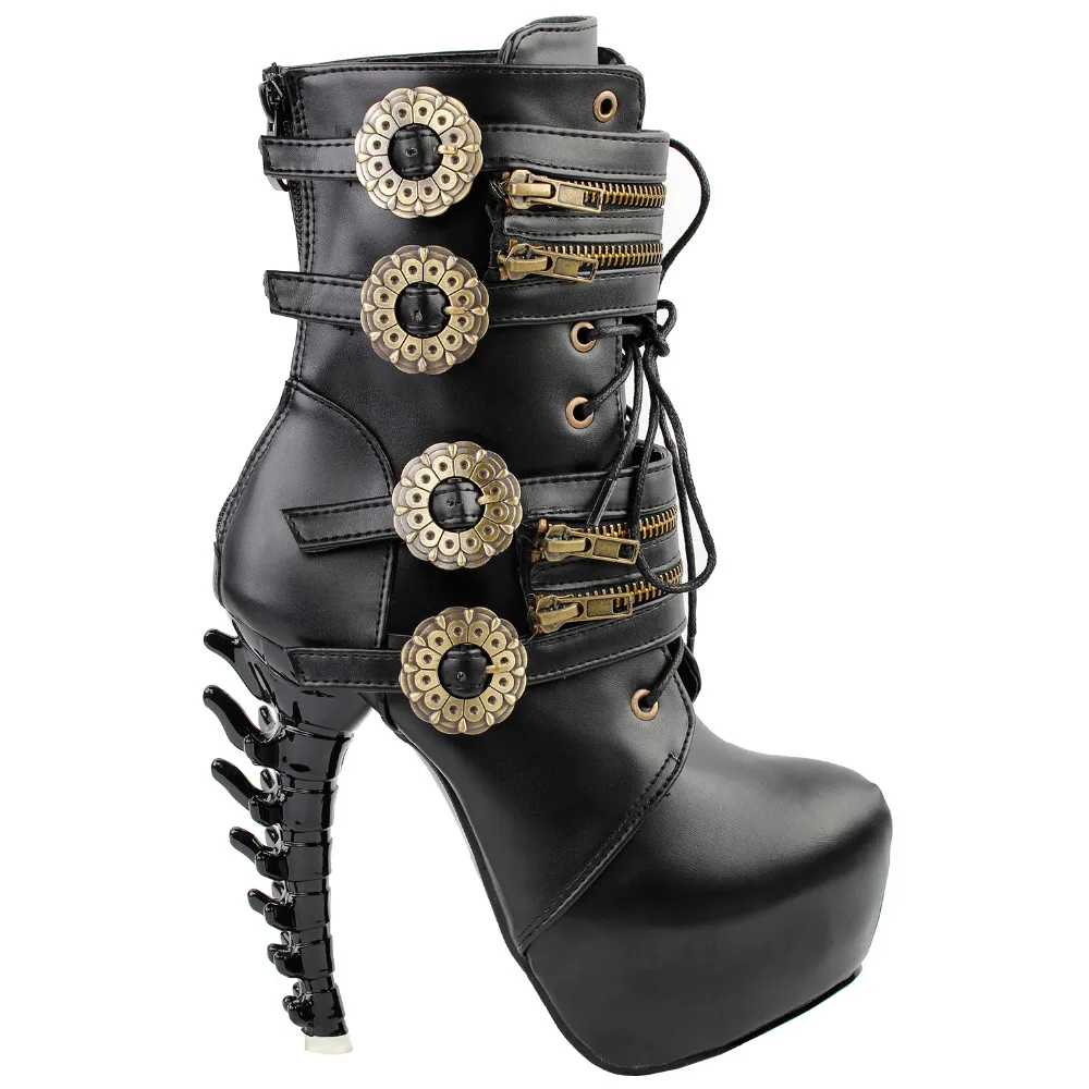 

LF80651 Punk Design Zipper Women's High-top Bone High Heel Platform Ankle Boots Black
