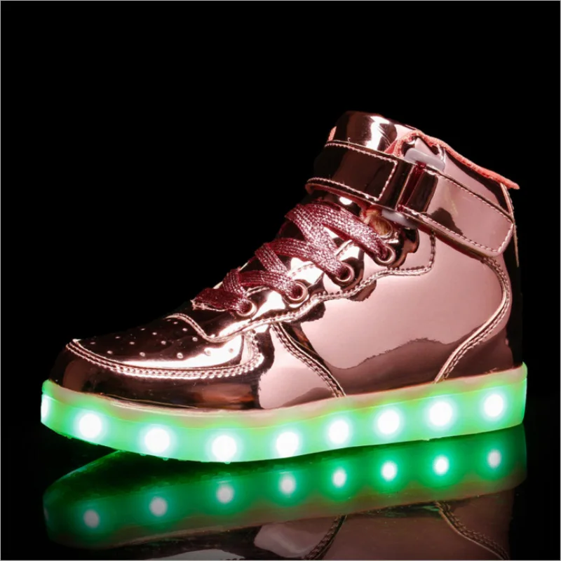 Mirror Patent Leather Led luminous hook&loop Shoes For Boys girls Fashion Light Up Casual kids Breathable Children Sneakers